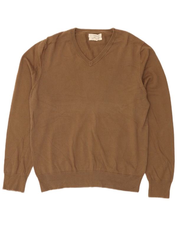 Marks & Spencer Mens V-Neck Jumper Sweater Medium Brown Cotton