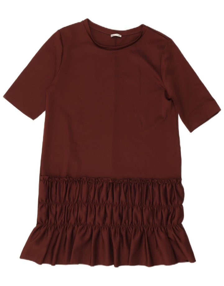 Zara Womens Ruffle Front Shift Dress UK 14 Large Brown Polyester