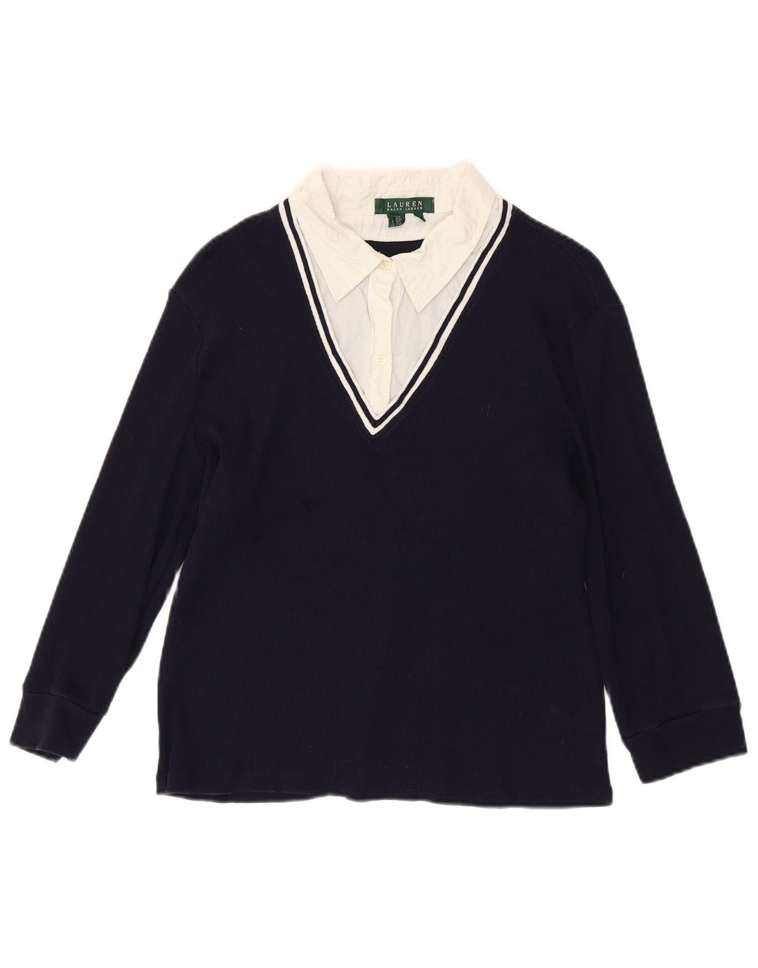 RALPH LAUREN Womens Top 3/4 Sleeve UK 18 XL Navy Blue Colourblock Cotton