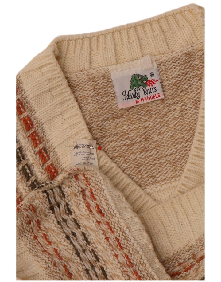 Vintage Mens V-Neck Jumper Sweater Medium Beige Striped Wool