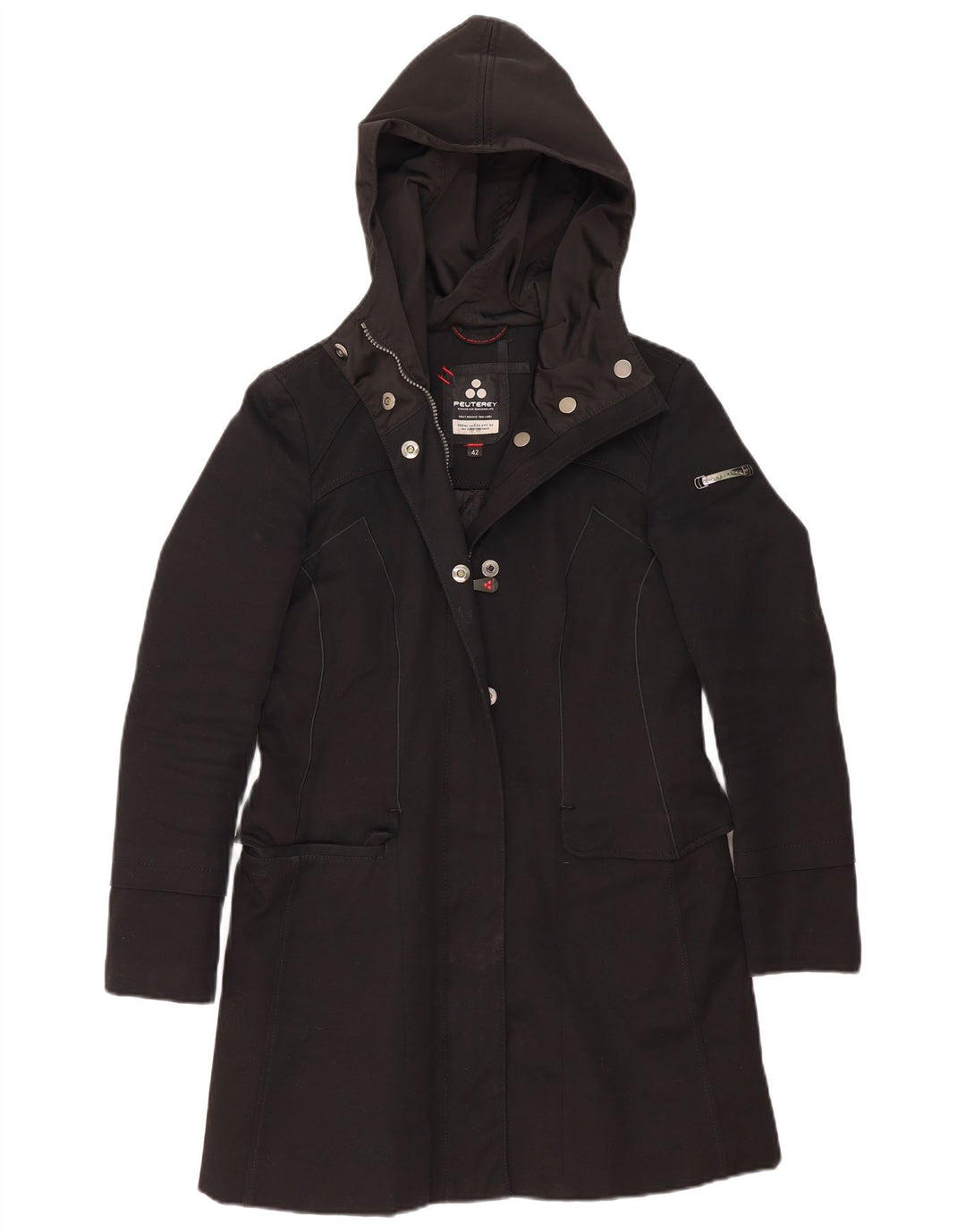 PEUTEREY Womens Hooded Overcoat IT 42 Medium Black Cotton