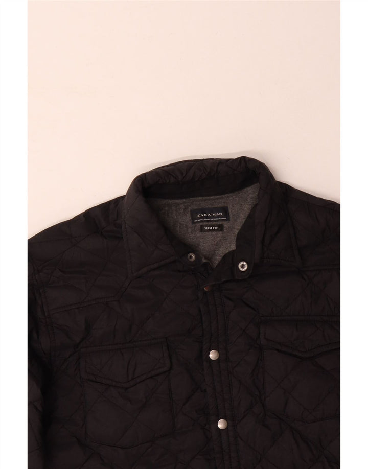 ZARA Mens Slim Fit Overshirt Quilted Shirt Medium Black Polyester