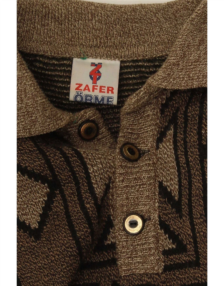 Vintage Mens Polo Neck Jumper Sweater Medium Brown Geometric