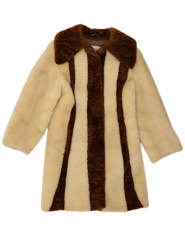 Kara Womens Faux Fur Overcoat UK 10 Small Beige Colourblock