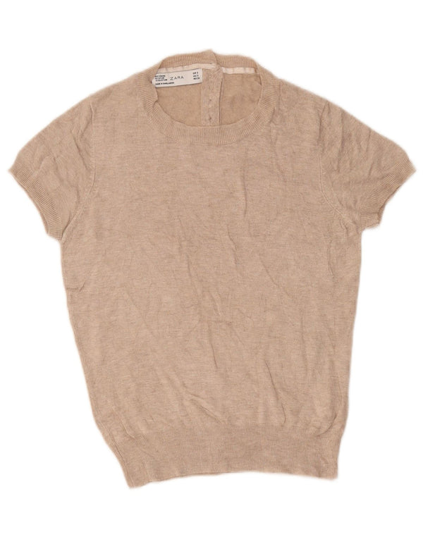 Zara Womens Short Sleeve Boat Neck Jumper Sweater UK 10 Small Beige Viscose