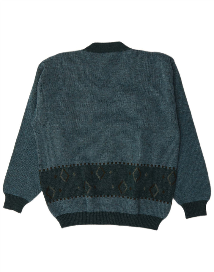 Vintage Mens Cardigan Sweater Medium Turquoise Argyle/Diamond Wool