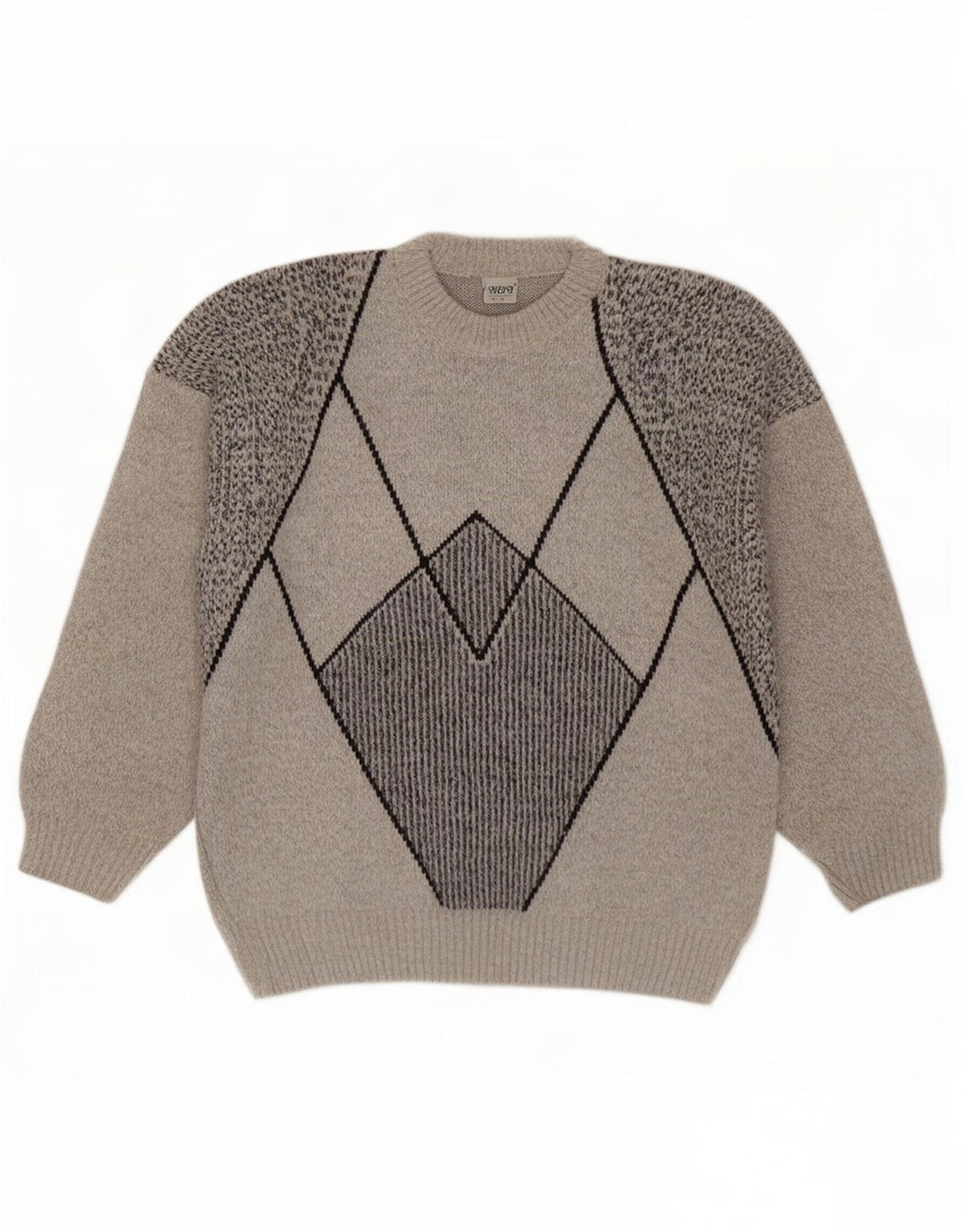 Vintage Mens Crew Neck Jumper Sweater Large Grey Geometric Wool