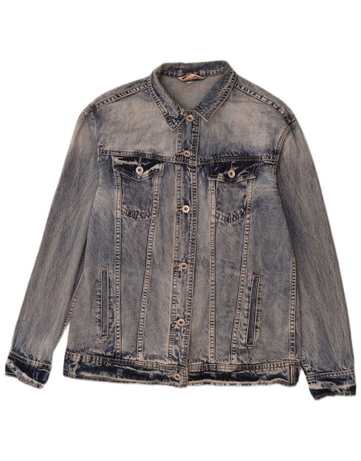 Place du Jour Womens Graphic Denim Jacket EU 36 Small Blue Cotton