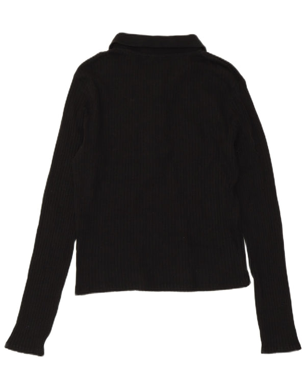 ZARA Womens Crop Long Sleeve Polo Shirt UK 14 Large Black Cotton