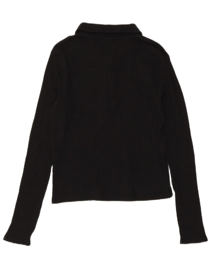 ZARA Womens Crop Long Sleeve Polo Shirt UK 14 Large Black Cotton