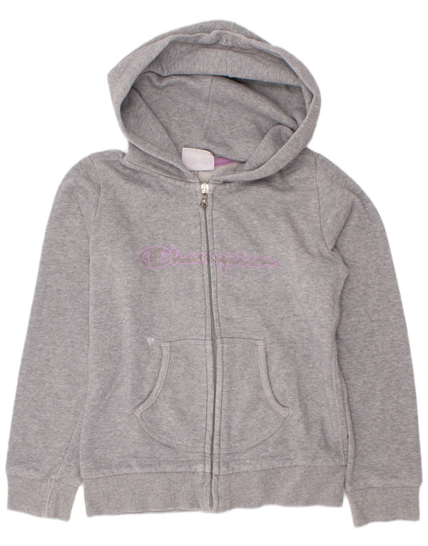 Champion Girls Graphic Zip Hoodie Sweater 7-8 Years Small Grey Flecked