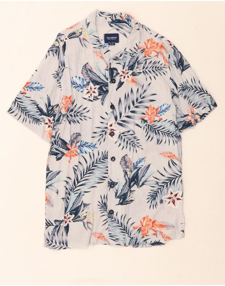 PULL & BEAR Mens Short Sleeve Shirt Medium White Floral Viscose Vintage Pull & Bear and Second-Hand Pull & Bear from Messina Hembry 
