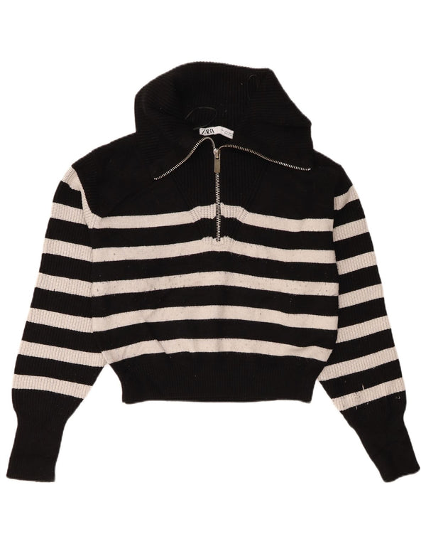 Zara Womens Crop Zip Neck Jumper Sweater UK 16 Large Black Striped Viscose