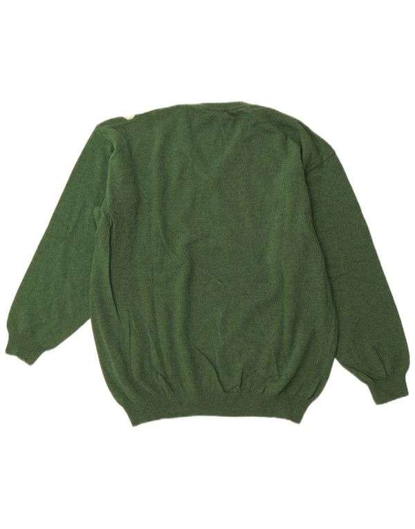 VALDA Mens V-Neck Jumper Sweater Large Green Argyle/Diamond Wool