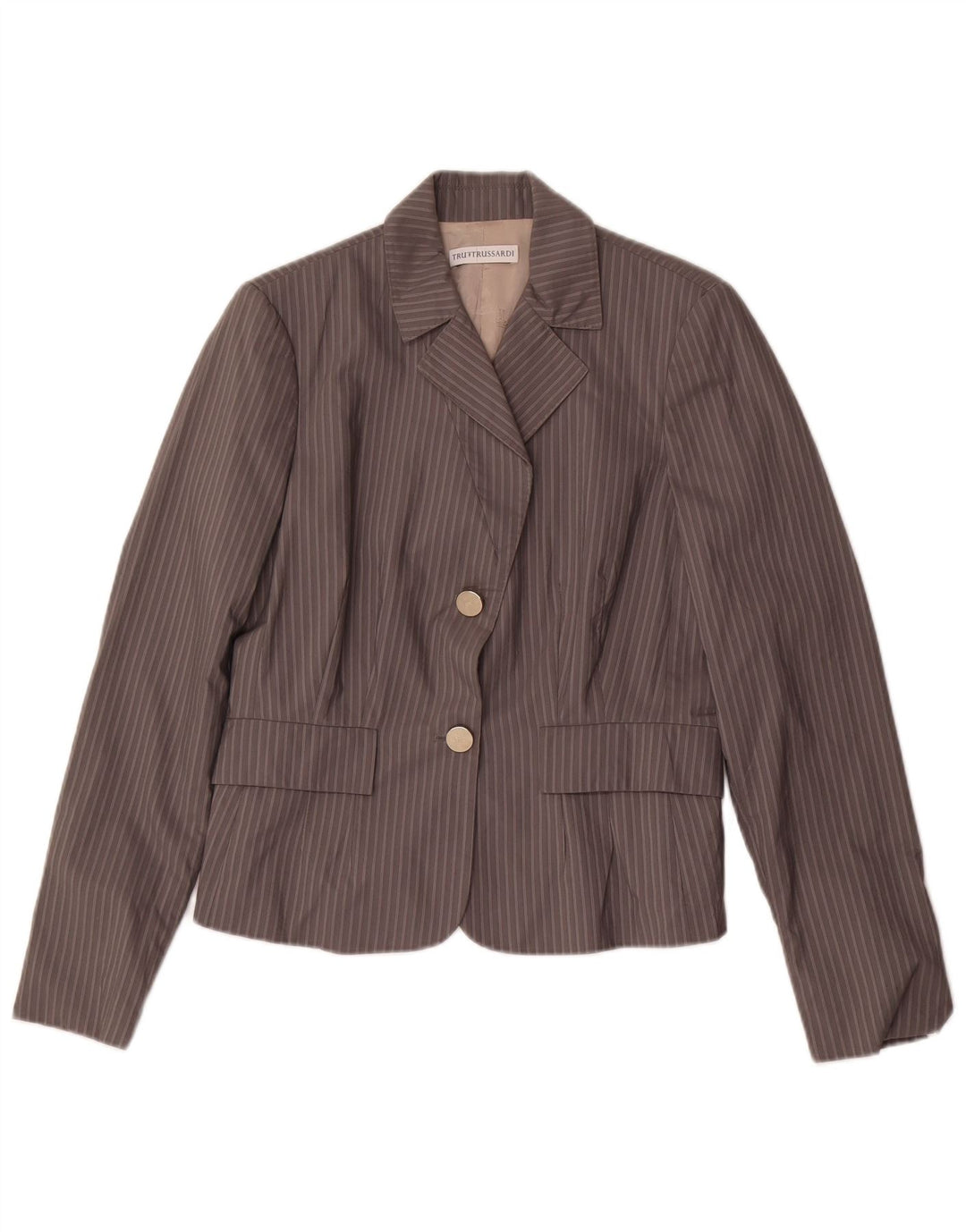 TRUSSARDI Womens 2 Button Blazer Jacket IT 44 Medium Grey Pinstripe Cotton