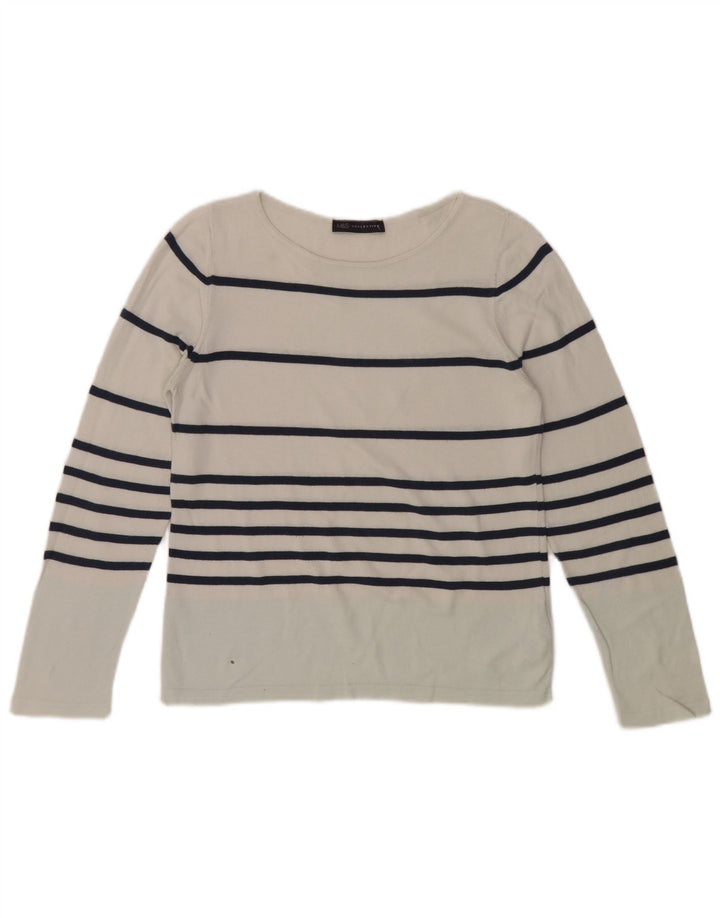 Marks & Spencer Womens Top Long Sleeve UK 8 Small White Striped Cotton