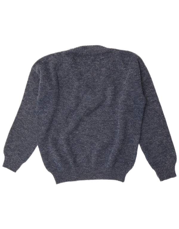 Vintage Mens V-Neck Jumper Sweater Medium Navy Blue Geometric