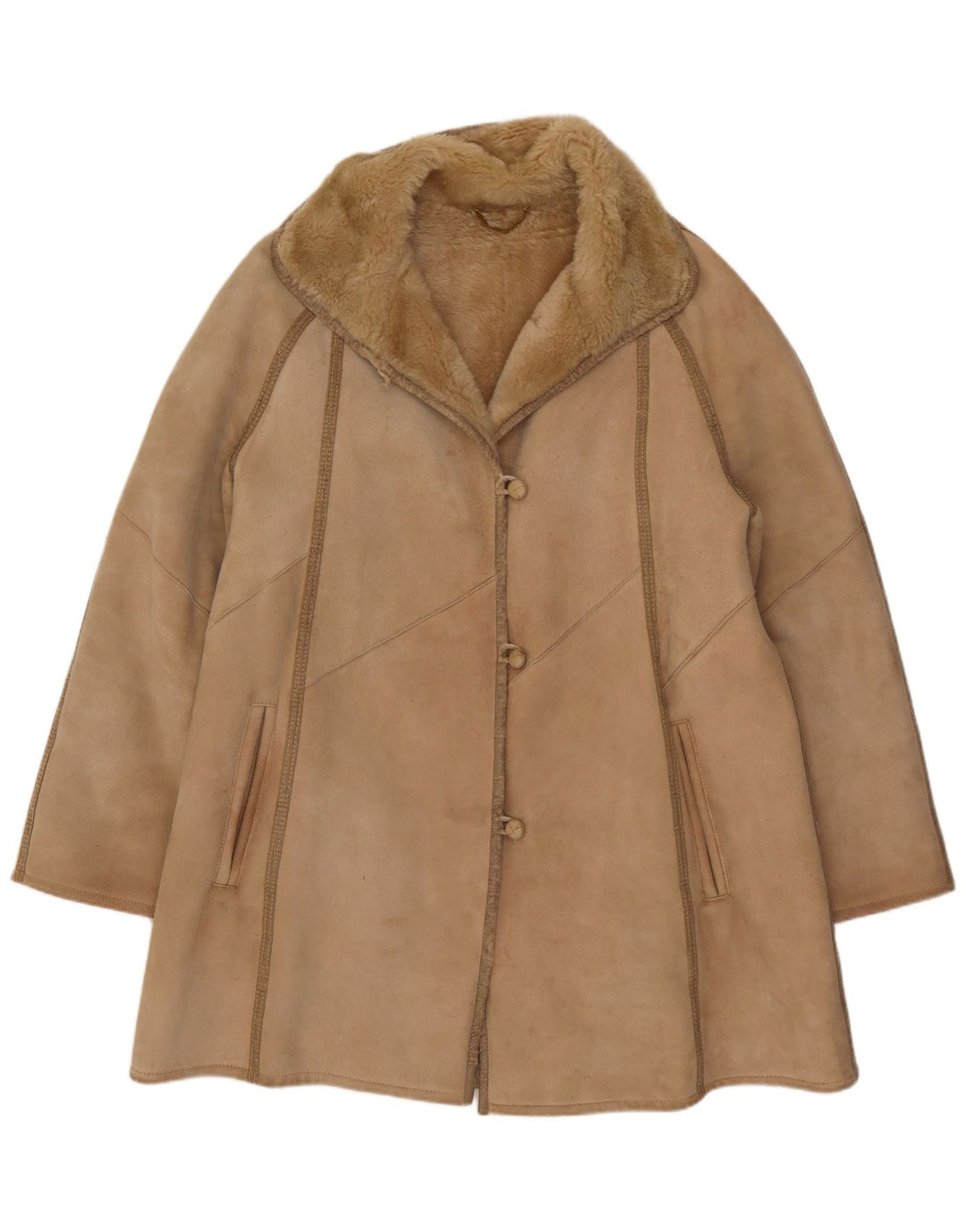 VINTAGE Womens Shearling Coat IT 46 Large Beige Shearling
