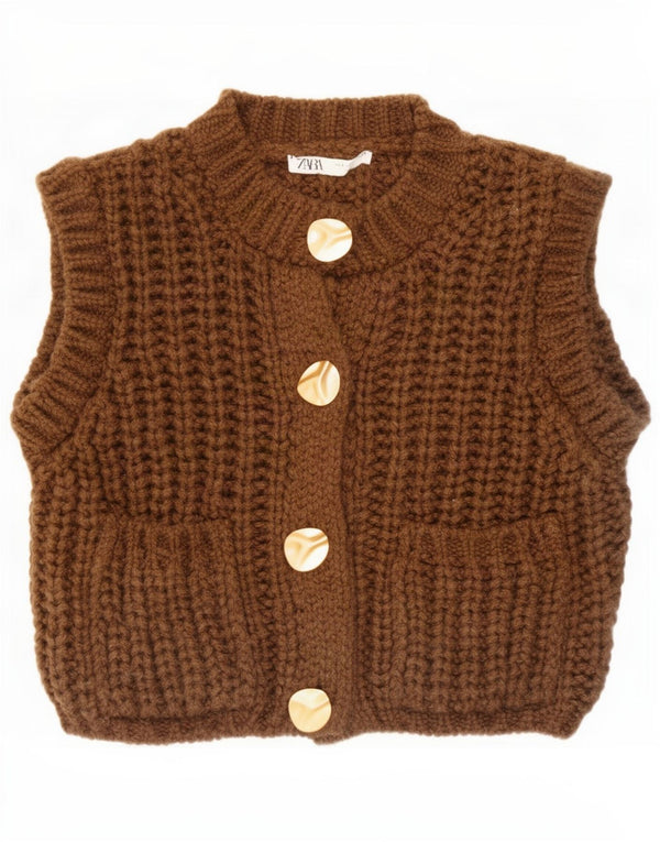 Zara Womens Sleeveless Oversized Cardigan Sweater UK 10 Small Brown Acrylic
