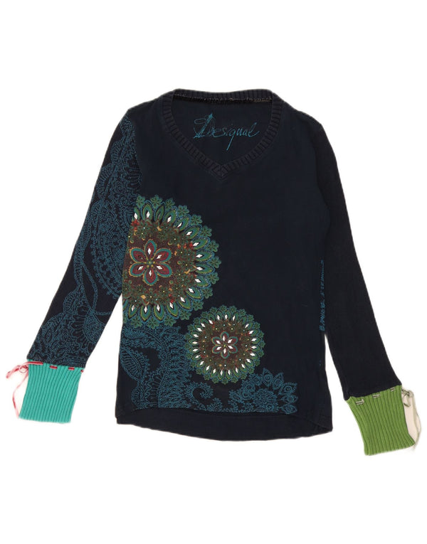 Desigual Womens V-Neck Jumper Sweater UK 12 Medium Navy Blue Floral Cotton