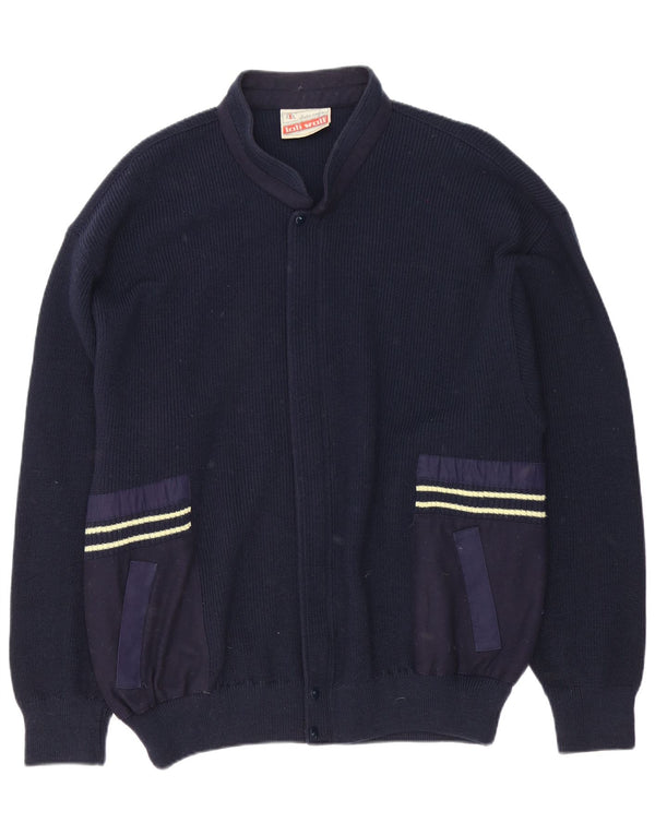 Loli Wolf Mens Regular Fit Cardigan Sweater Medium Navy Blue Wool