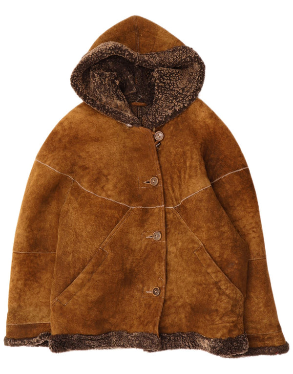 Vintage Womens Hooded Oversized Shearling Jacket IT 44 Medium Brown