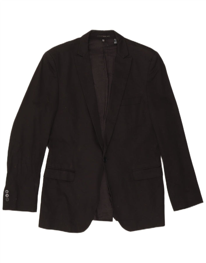 Zara Mens 1 Button Blazer Jacket EU 50 Medium Black Cotton