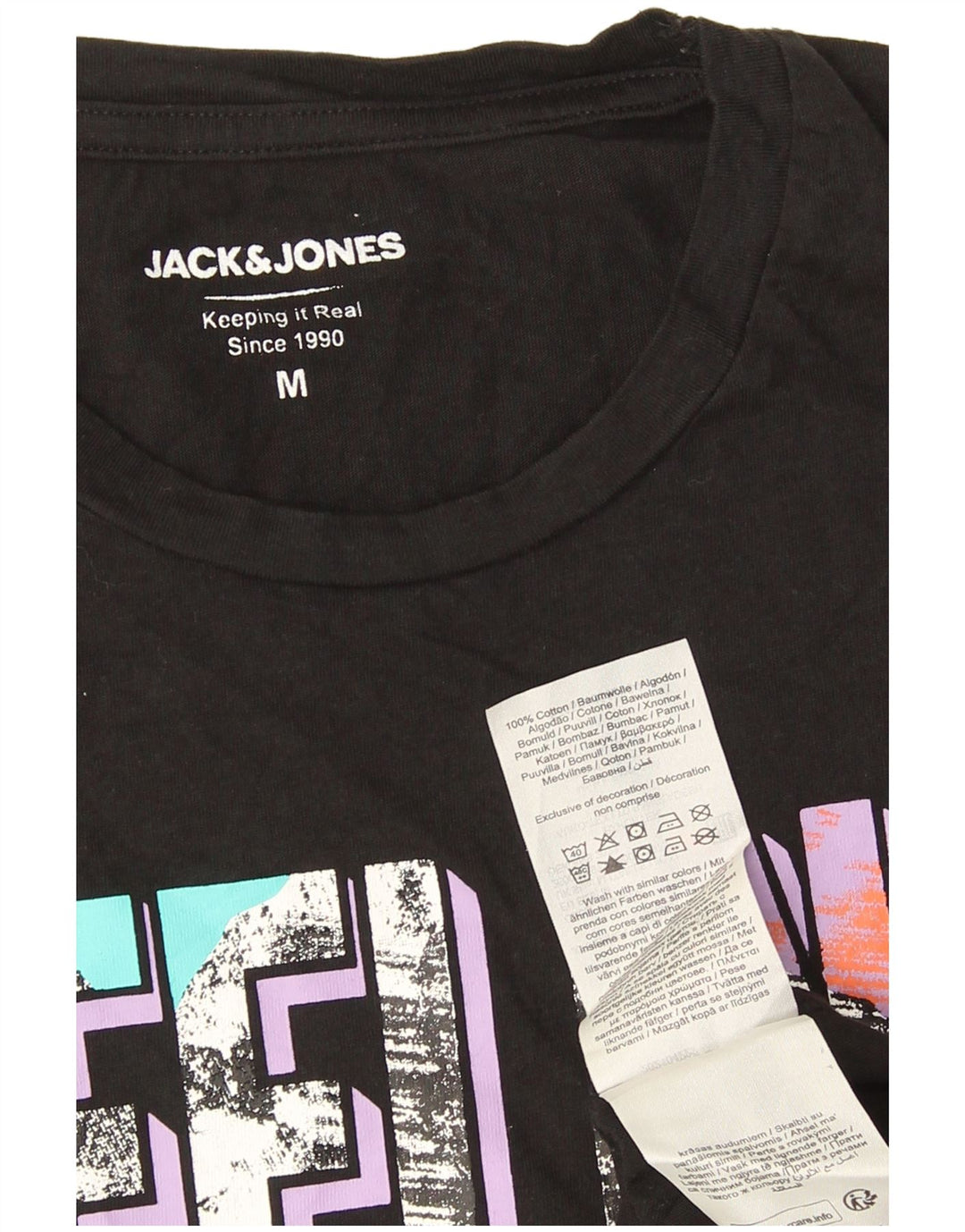 Jack & Jones Mens Graphic T-Shirt Top Medium Black Cotton