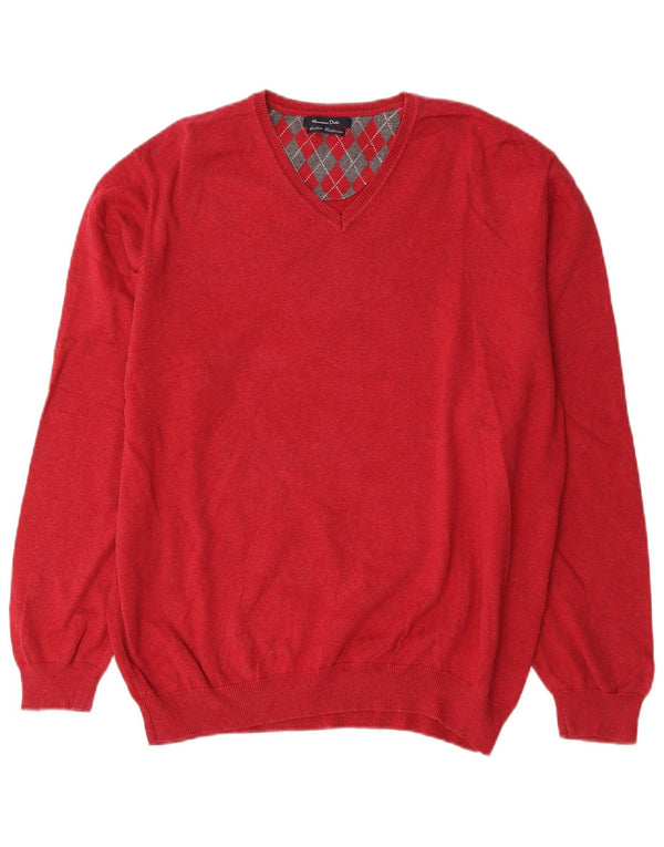 Massimo Dutti Mens V-Neck Jumper Sweater XL Red Cotton