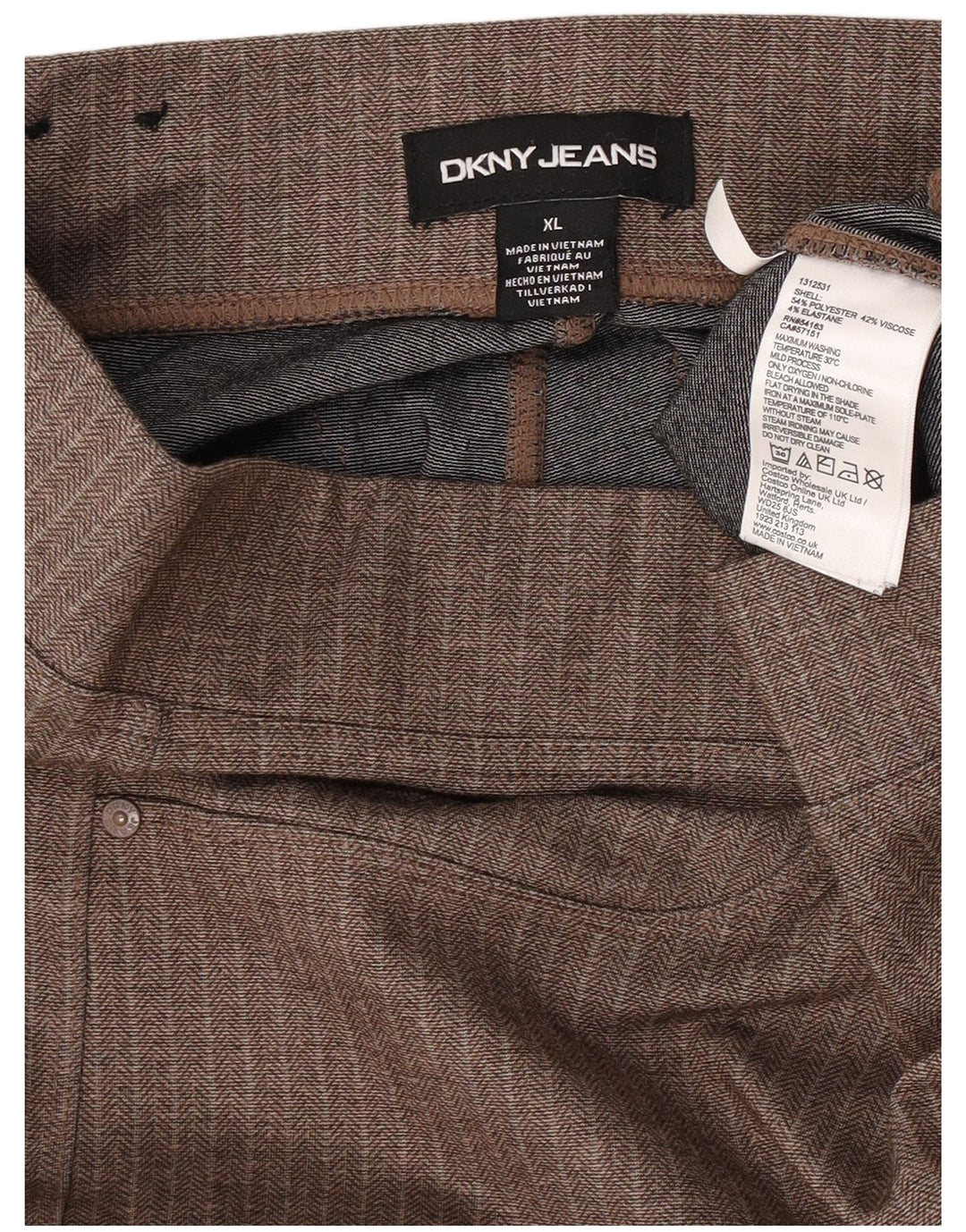 DKNY Womens Slim Casual Trousers XL W36 L28 Brown Herringbone Polyester