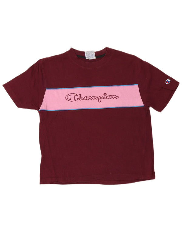 Champion Womens Graphic T-Shirt Top UK 10 Small Burgundy Colourblock Cotton