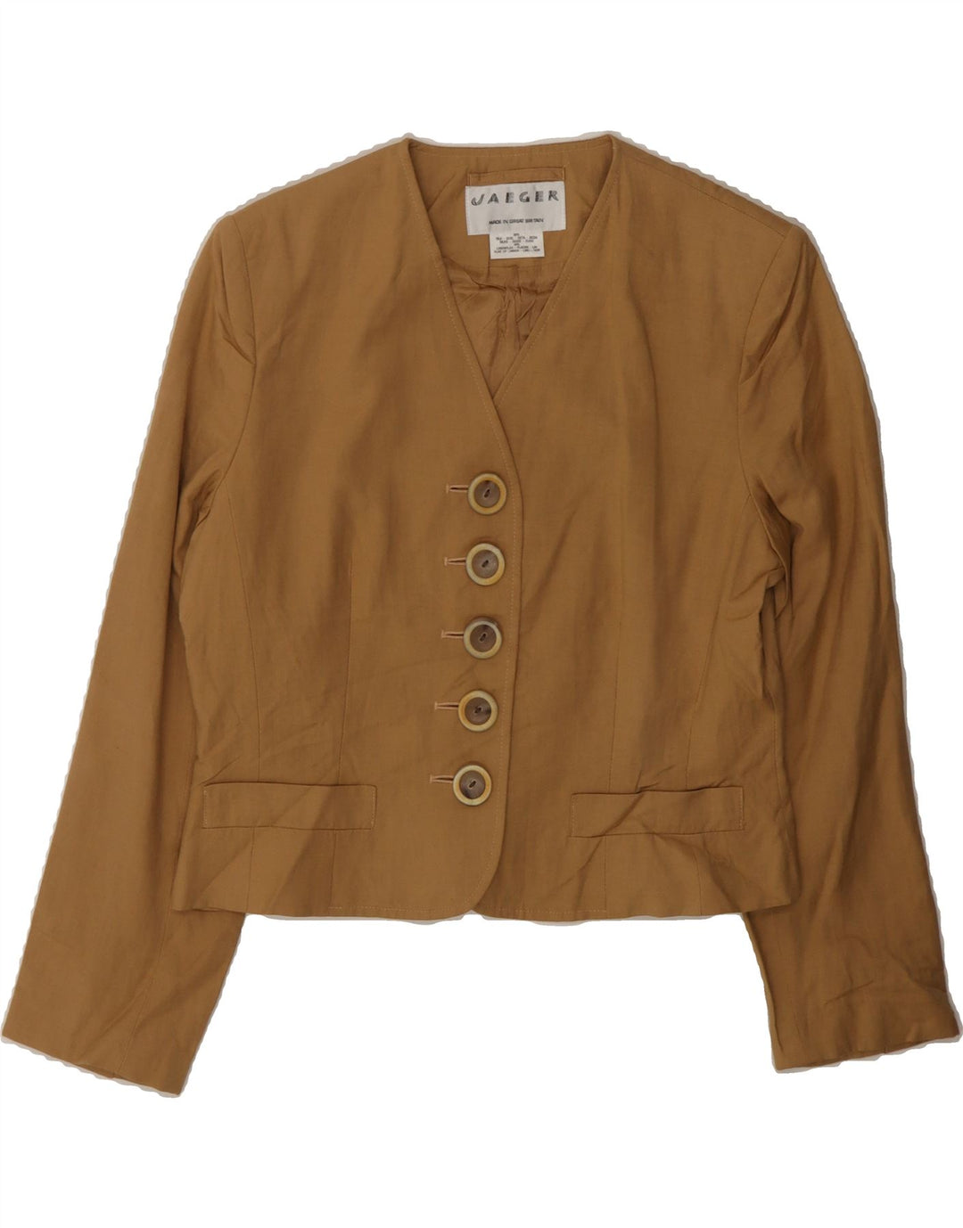 JAEGER Womens 5 Button Blazer Jacket UK 12 Medium  Brown Silk Vintage Jaeger and Second-Hand Jaeger from Messina Hembry 