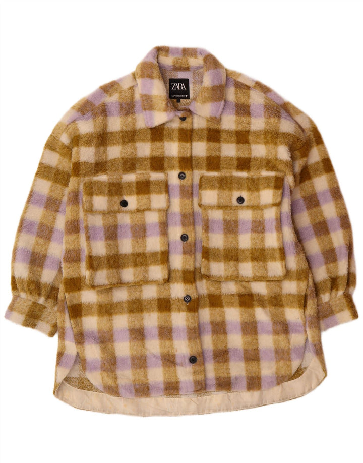 Zara Womens Oversized Fleece Jacket UK 10 Small Beige Plaid Polyester