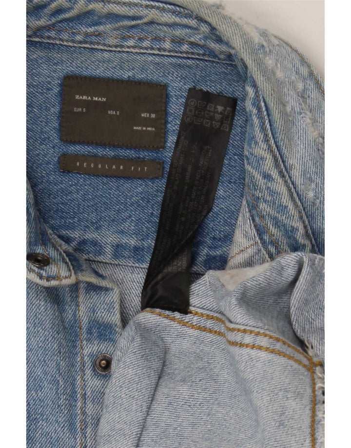 Zara Mens Distressed Regular Fit Denim Shirt Small Blue Cotton