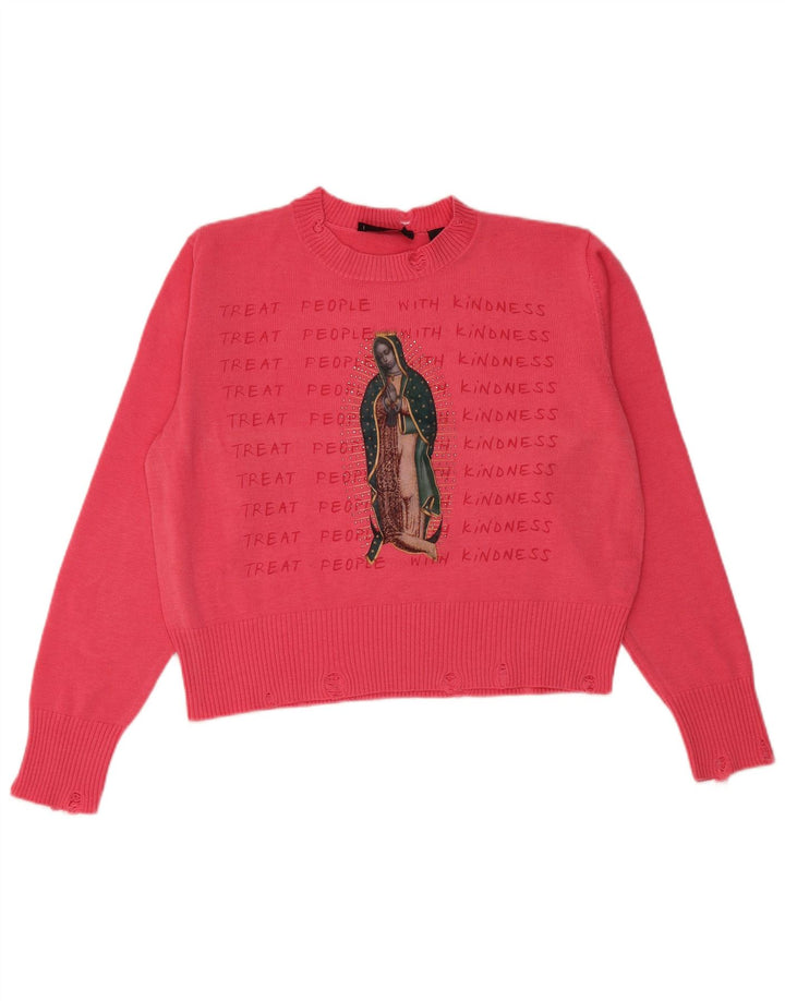 DESIGUAL Womens Crop Graphic Crew Neck Jumper Sweater UK 14 Medium Pink