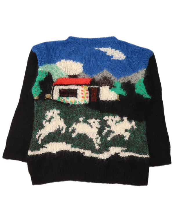 Vintage Womens Boat Neck Jumper Sweater UK 16 Large Black Colourblock Wool