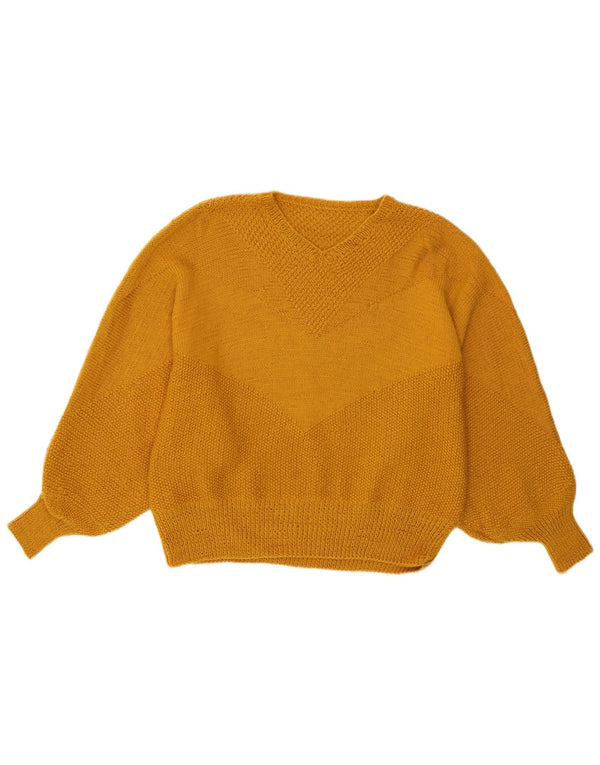 Vintage Womens V-Neck Jumper Sweater UK 14 Large Yellow Retro