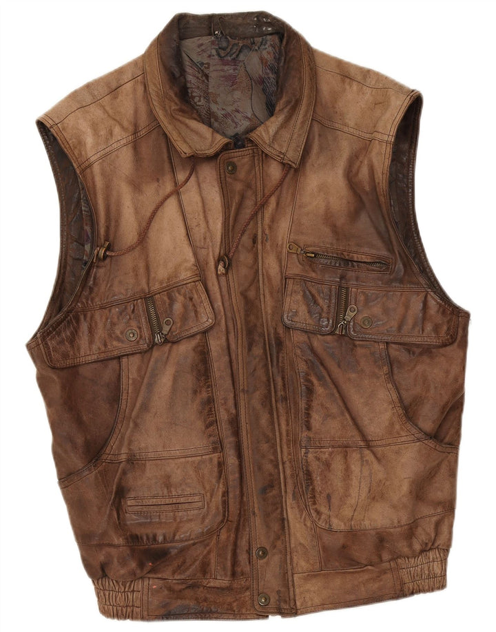 Vintage Mens Leather Gilet IT 50 Large Brown Leather
