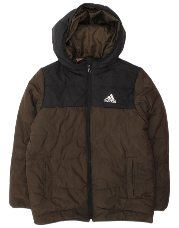 Adidas Boys Hooded Padded Jacket 9-10 Years Khaki Colourblock Polyester