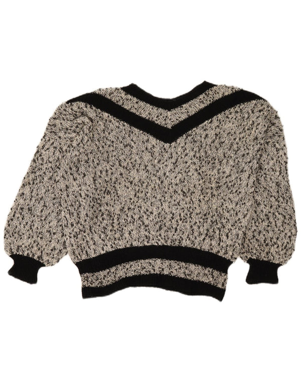 Vintage Womens Crop V-Neck Jumper Sweater UK 18 XL Grey Flecked