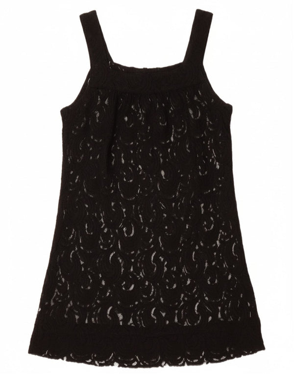 VINTAGE Womens Sleeveless See Through Tunic Top UK 12 Medium Black Floral