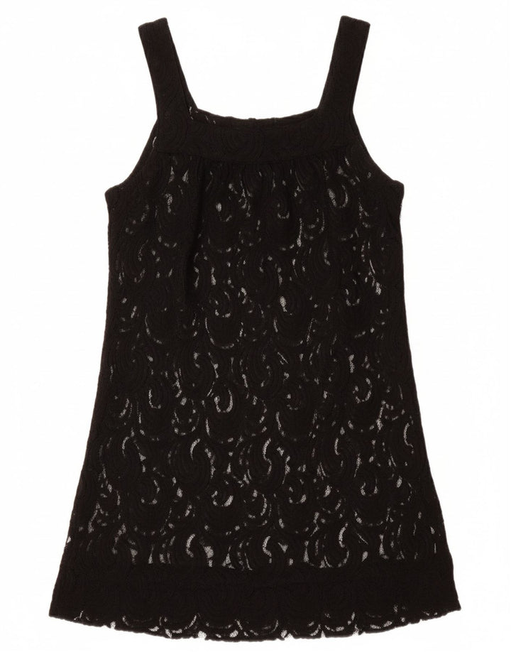 VINTAGE Womens Sleeveless See Through Tunic Top UK 12 Medium Black Floral