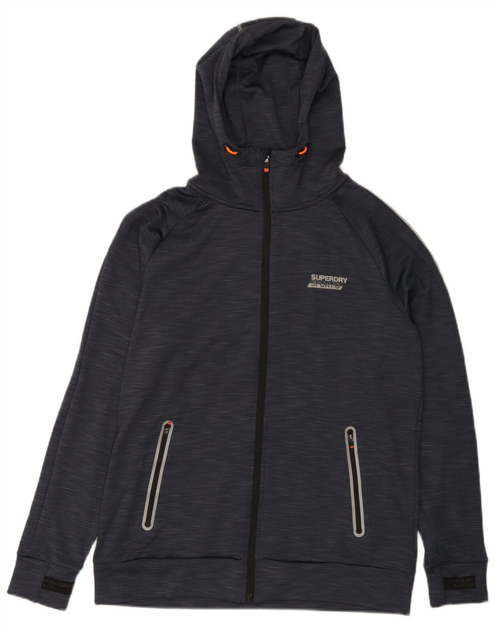 SUPERDRY Mens Graphic Zip Hoodie Sweater Large Navy Blue Flecked Polyester