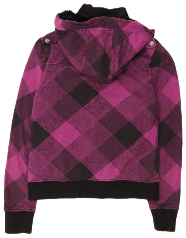 Roxy Womens Hooded Bomber Jacket UK 12 Medium Purple Check Cotton