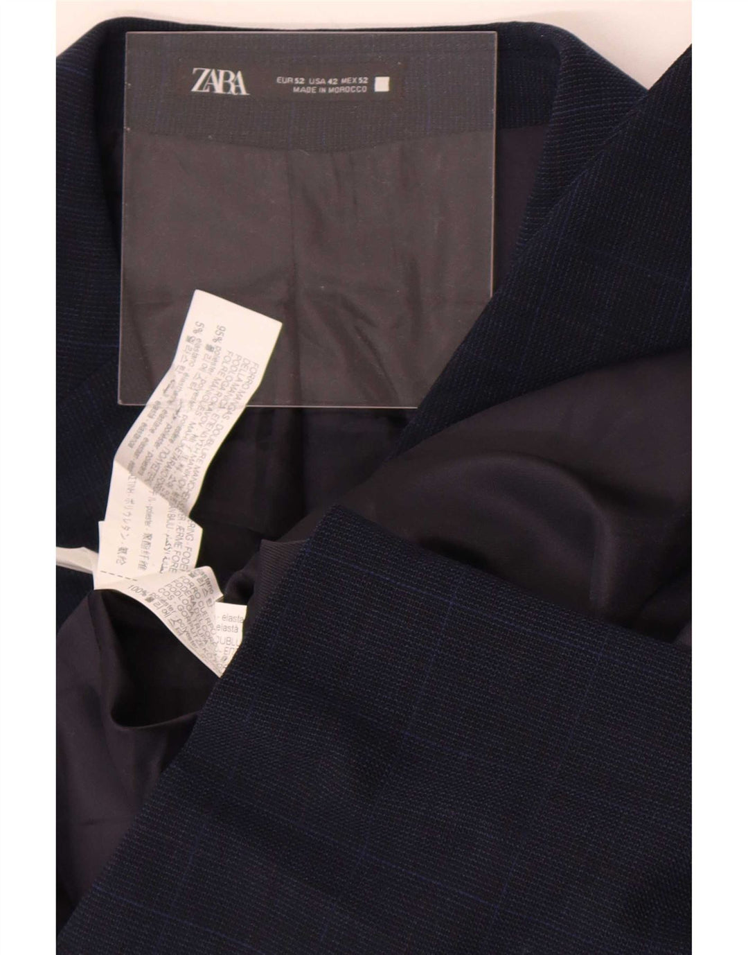 Zara Mens 2 Button Blazer Jacket EU 52 Large Navy Blue Check Polyester