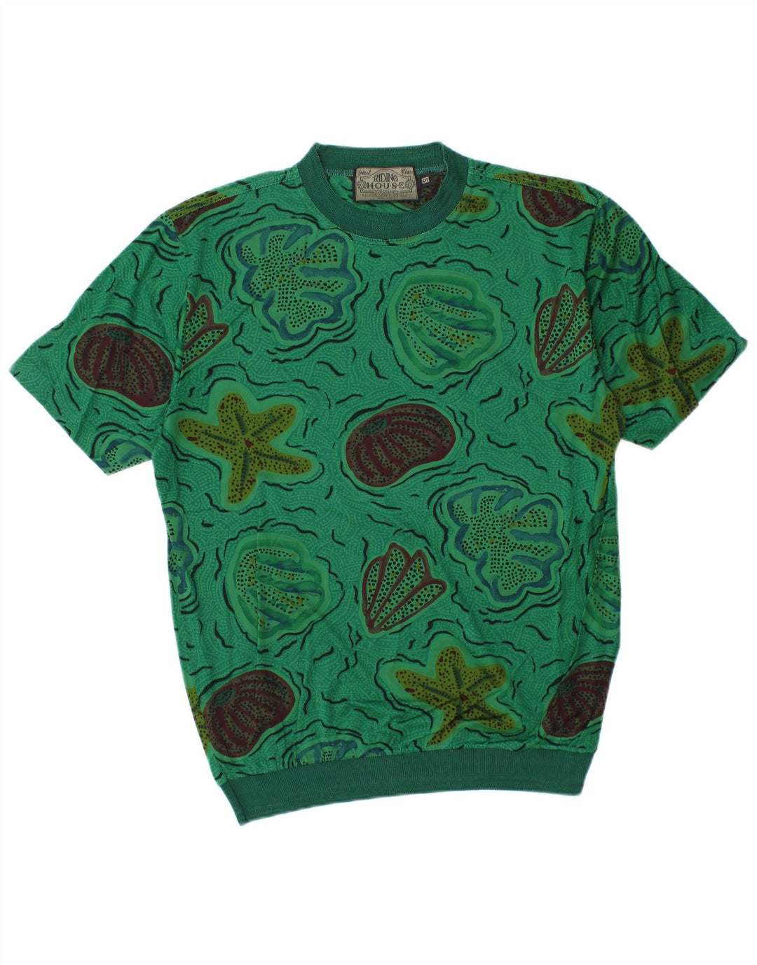 VINTAGE Mens Abstract Pattern T-Shirt Top Small Green Cotton