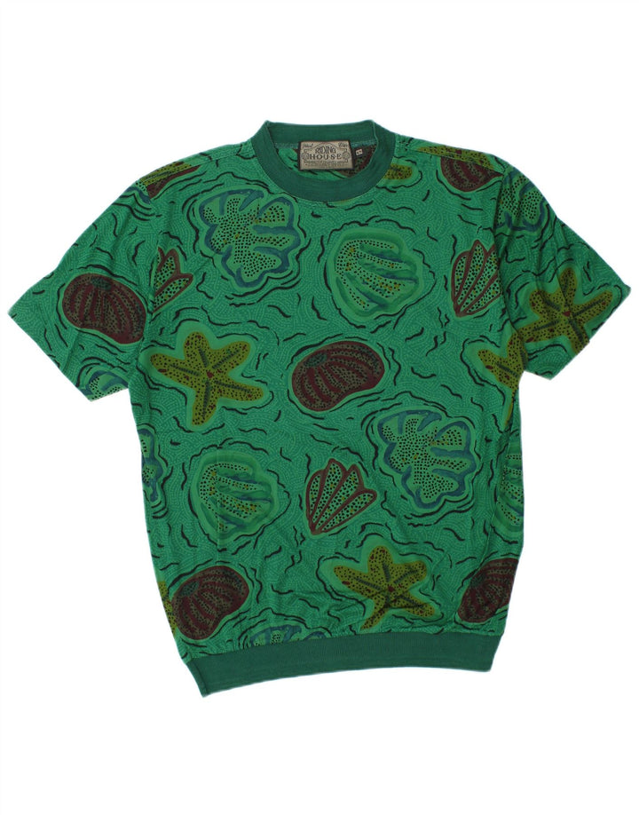 VINTAGE Mens Abstract Pattern T-Shirt Top Small Green Cotton
