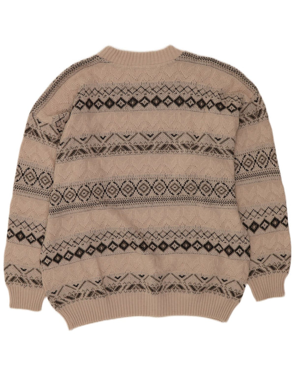 Vintage Mens Crew Neck Jumper Sweater Large Beige Fair Isle