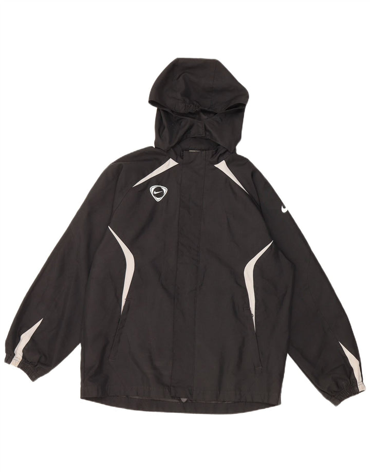 NIKE Boys Hooded Rain Jacket 12-13 Years Large Black Colourblock Polyester