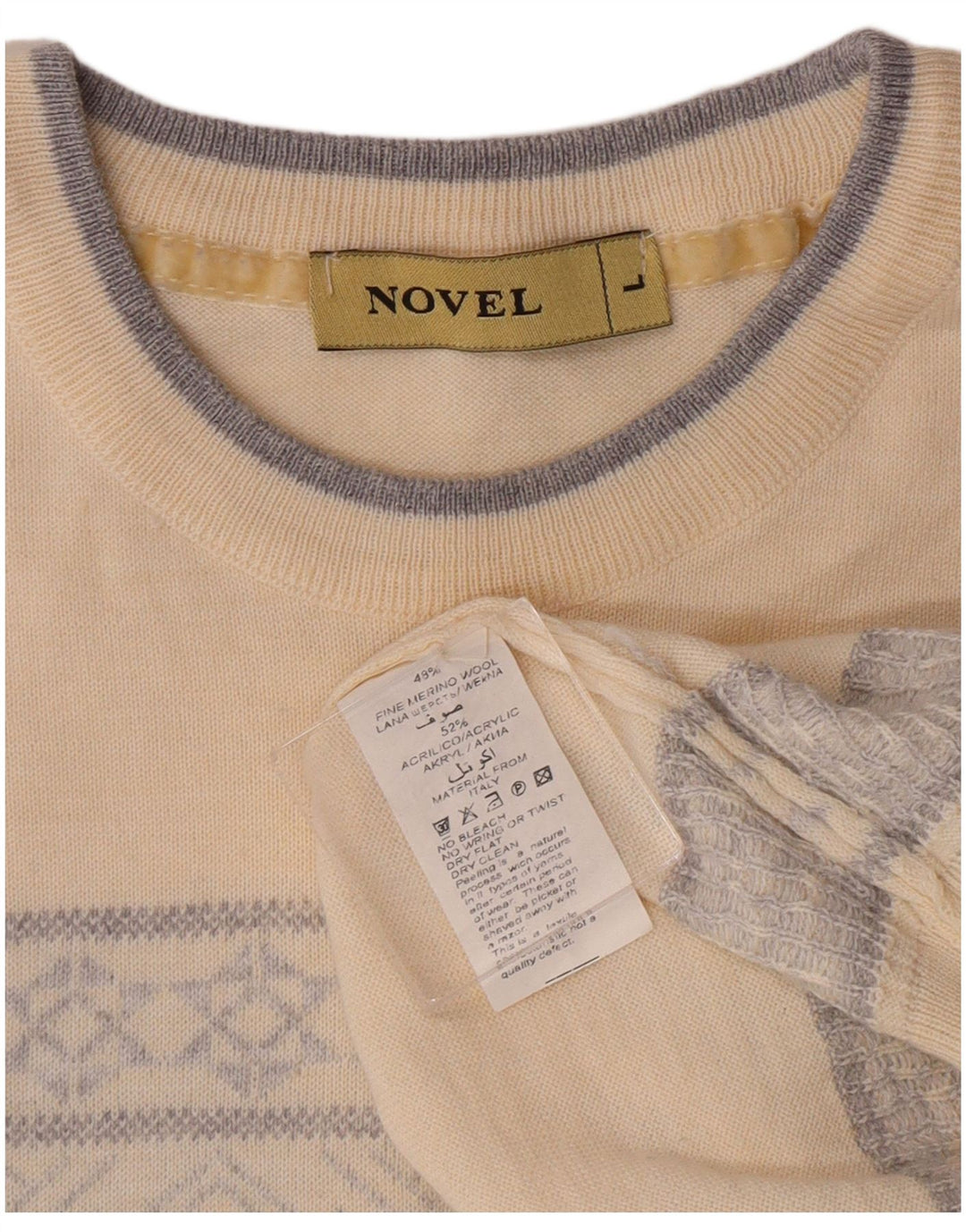 VINTAGE Mens Crew Neck Jumper Sweater Large Beige Fair Isle Classic